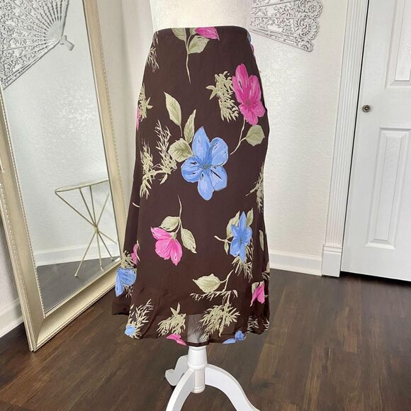 Deadstock JM Collection NWT Early 2000's Ruffle Brown Mesh Floral Midi Skirt 16W - Picture 2 of 6